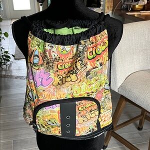 CROCS Sac Pac drawstring backpack graffiti print zipper front pouch damaged